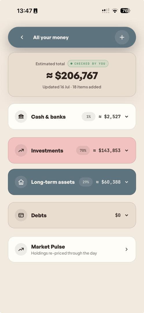 WealthMotley All your money screen showing cash, investments, long-term assets and debts