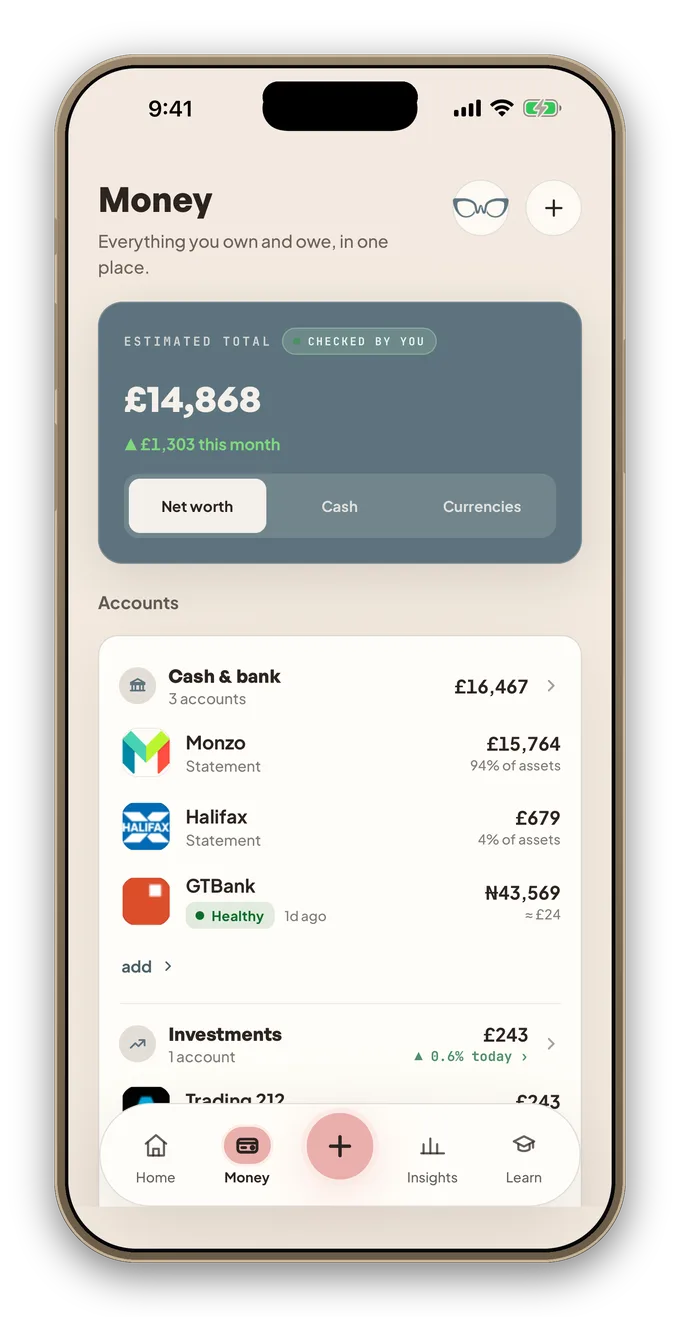 WealthMotley Money screen showing accounts in pounds and naira on an iPhone