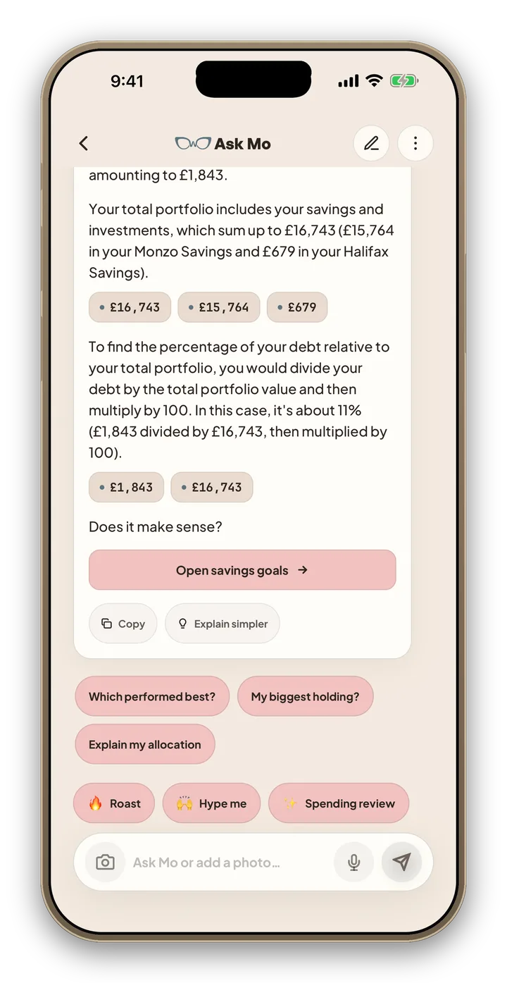 WealthMotley Ask Mo chat answering from the user's own accounts